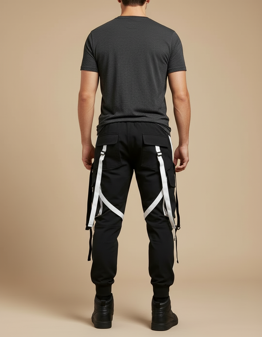 Pantalon Cargo Noir Blanc Homme Techwear Poches Multiples - Toile - vue 2
