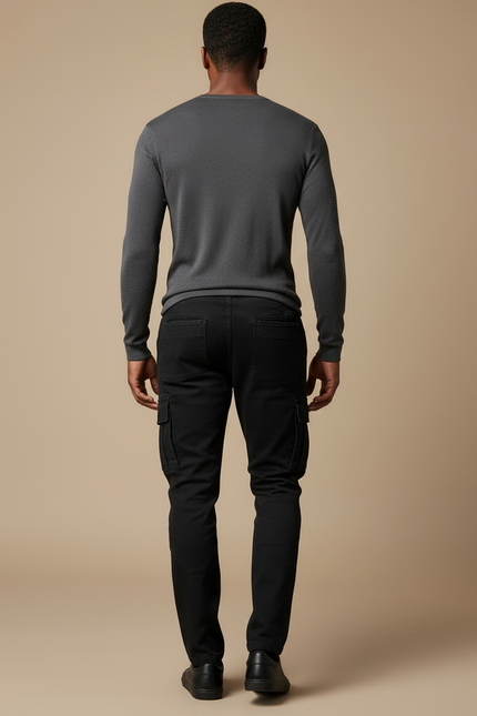 Pantalon Cargo Noir Slim Multipoches Coton Homme - vue 2