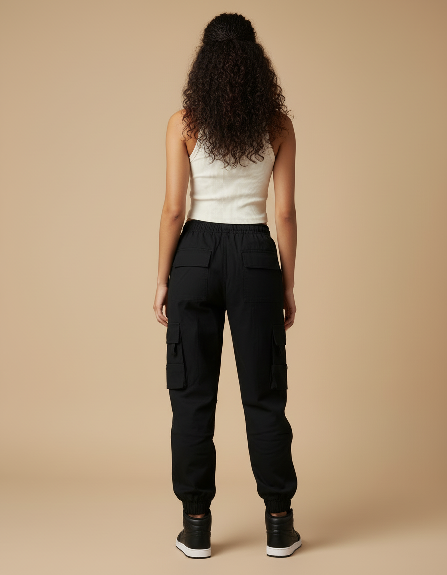 Pantalon Cargo Noir Coton Ample Jambes Resserrées - vue 2