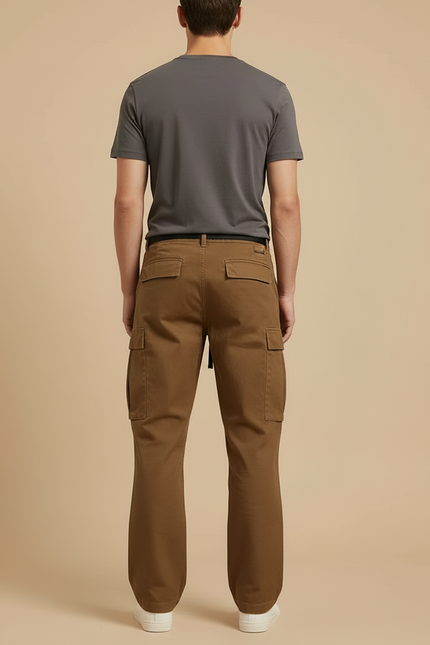 Pantalon Cargo Marron Ample Multipoches Coton Homme - Toile - vue 2