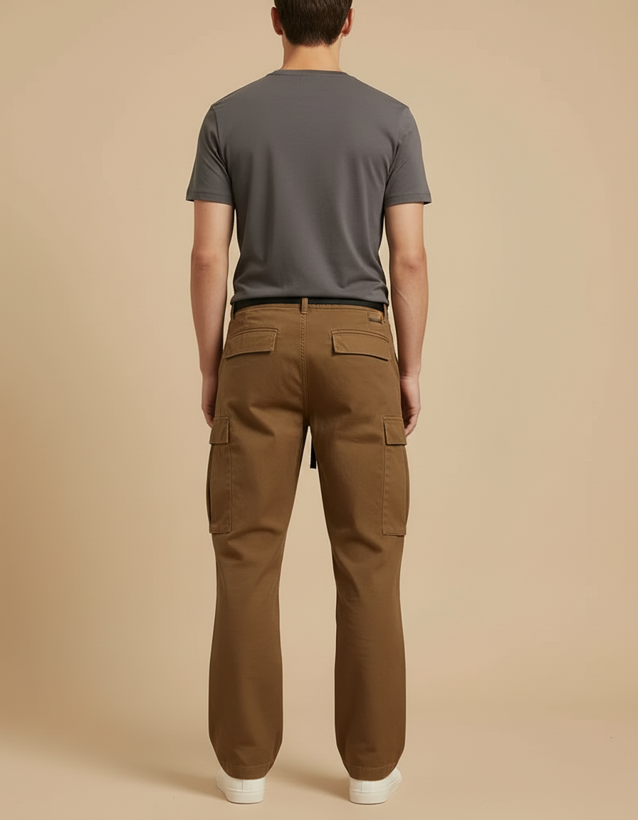 Pantalon Cargo Marron Ample Multipoches Coton Homme - Toile - vue 2