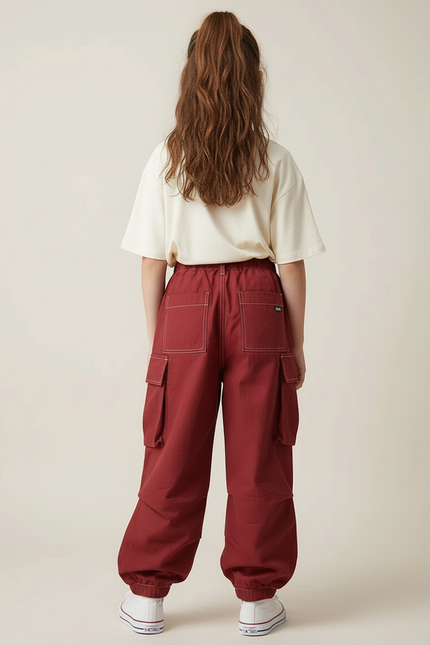 Pantalon Cargo Ample Rouge Poches Enfants Coton - Bordeaux - vue 2