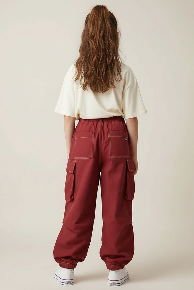 Pantalon Cargo Ample Rouge Poches Enfants Coton - Bordeaux - vue 2