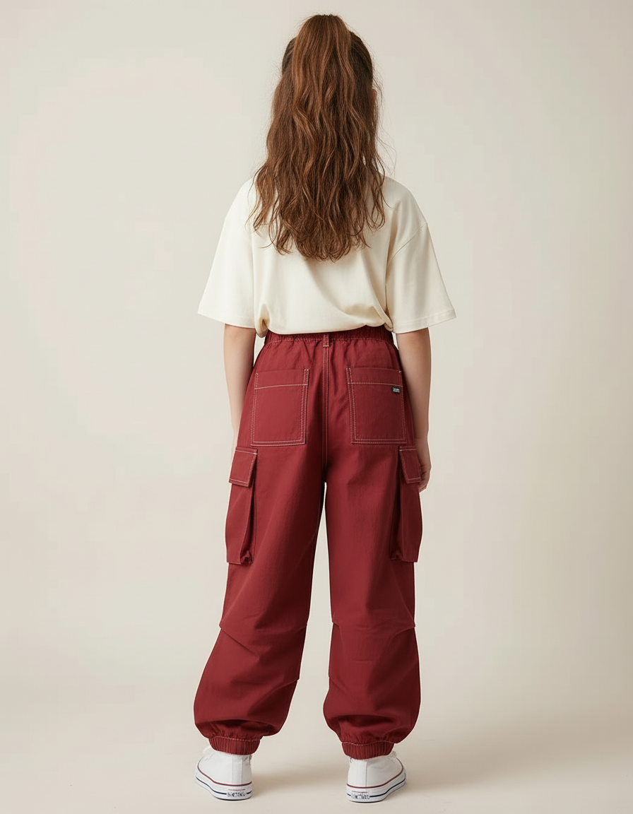 Pantalon Cargo Ample Rouge Poches Enfants Coton - Bordeaux - vue 2