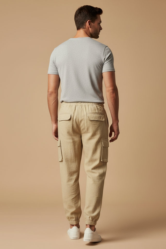 Pantalon Cargo Beige Coton Lin Décontracté Homme - vue 2