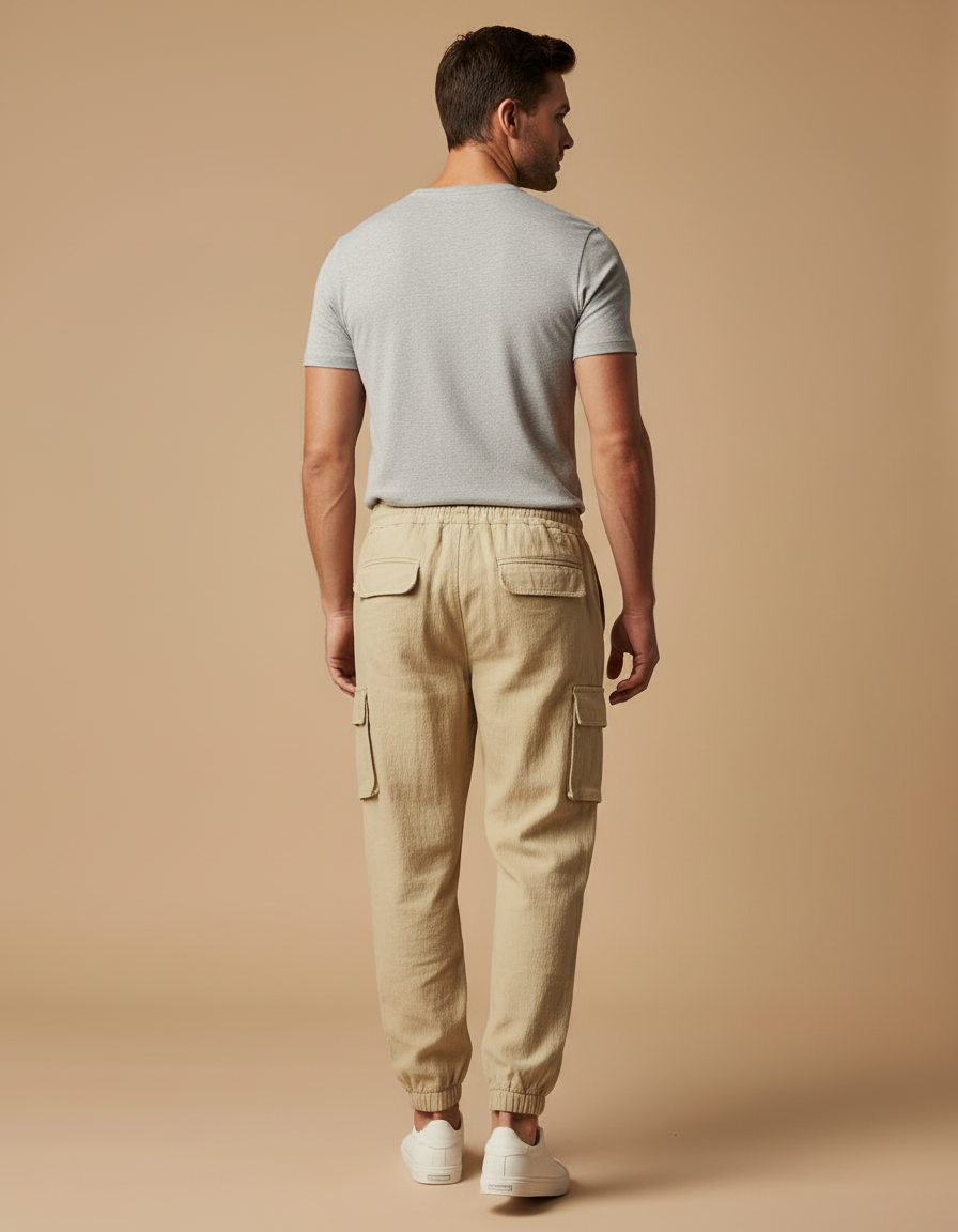 Pantalon Cargo Beige Coton Lin Décontracté Homme - vue 2