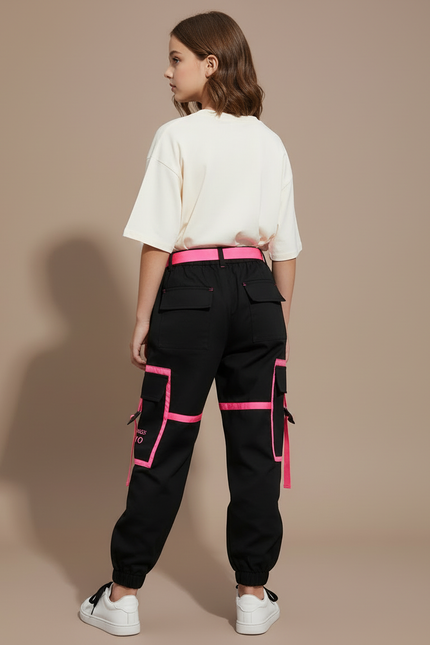 Pantalon Cargo Noir Fille Fluorescent Poches Sangles - Polyester - vue 2