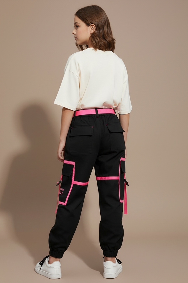 Pantalon Cargo Noir Fille Fluorescent Poches Sangles - Polyester - vue 2