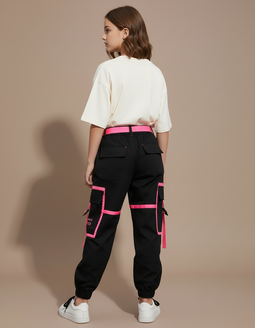 Pantalon Cargo Noir Fille Fluorescent Poches Sangles - Polyester - vue 2