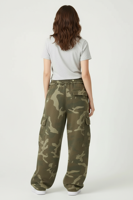 Pantalon Cargo Camouflage Ample Streetwear Vert - Kaki Molleton - vue 2