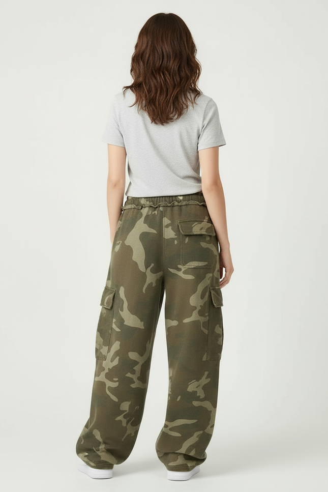 Pantalon Cargo Camouflage Ample Streetwear Vert - Kaki Molleton - vue 2