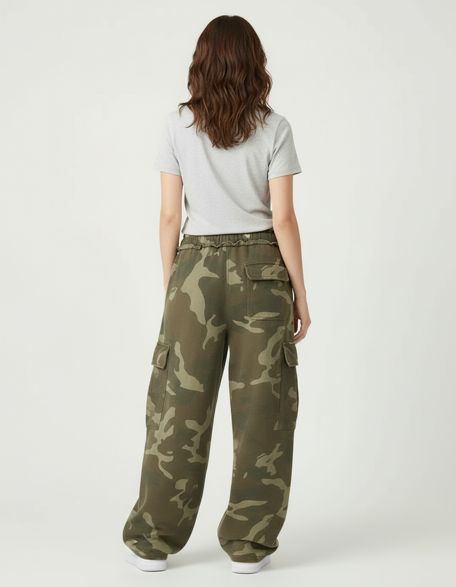Pantalon Cargo Camouflage Ample Streetwear Vert - Kaki Molleton - vue 2
