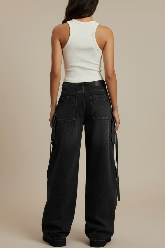 Pantalon Cargo Noir Délavé Ample Multipoches Zippées Femme - Jean - vue 2