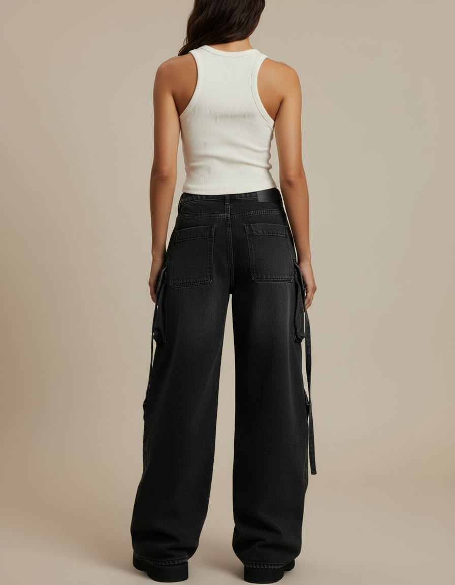 Pantalon Cargo Noir Délavé Ample Multipoches Zippées Femme - Jean - vue 2
