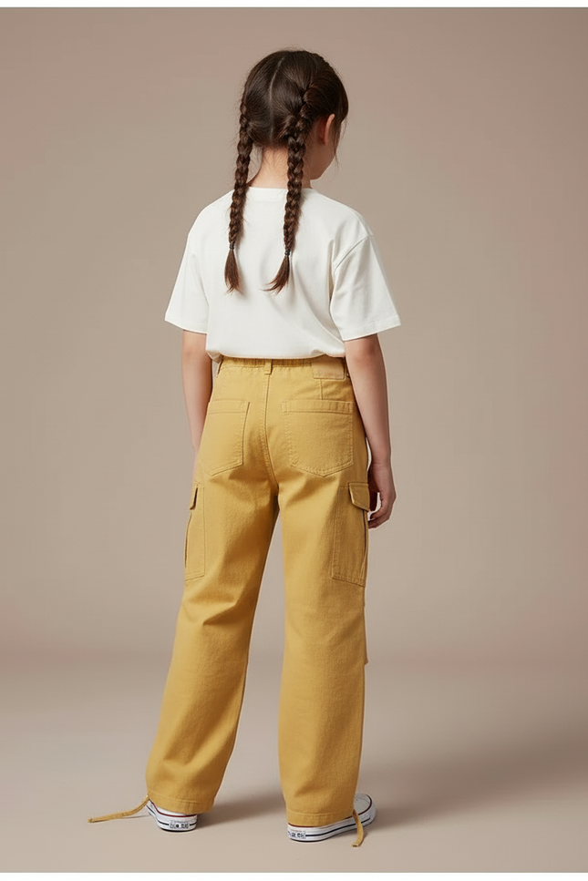 Pantalon Cargo Jaune Ample Décontracté Multipoches Enfant - Toile - vue 2