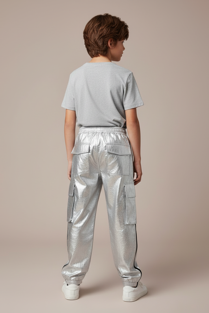 Pantalon Cargo Argenté Brillant Enfant Streetwear Hip Hop - Simili cuir - vue 2