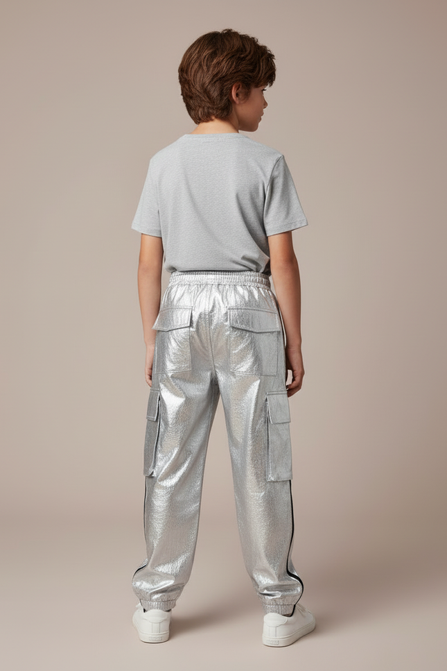 Pantalon Cargo Argenté Brillant Enfant Streetwear Hip Hop - Simili cuir - vue 2