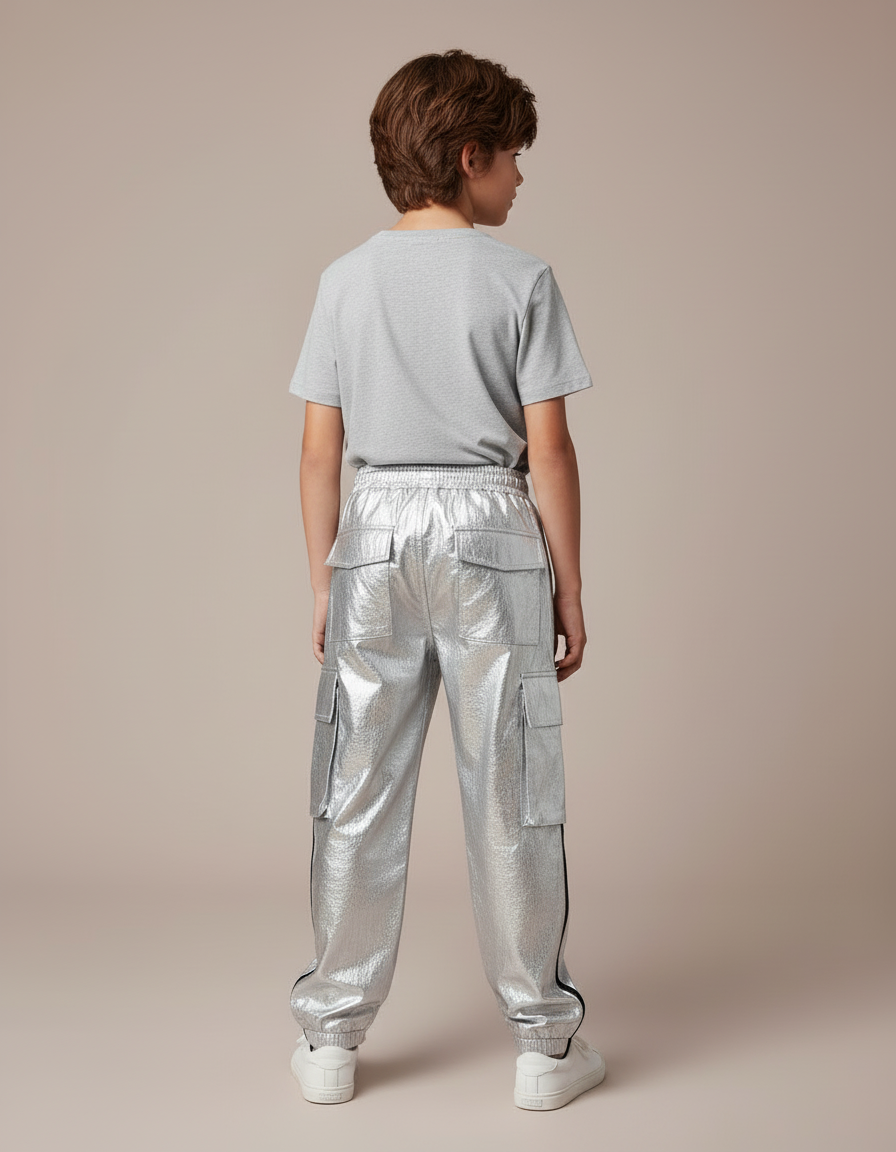 Pantalon Cargo Argenté Brillant Enfant Streetwear Hip Hop - Simili cuir - vue 2