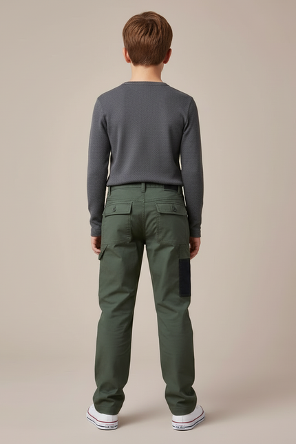 Pantalon Cargo Vert Militaire Garçon Multipoches - Kaki Toile - vue 2