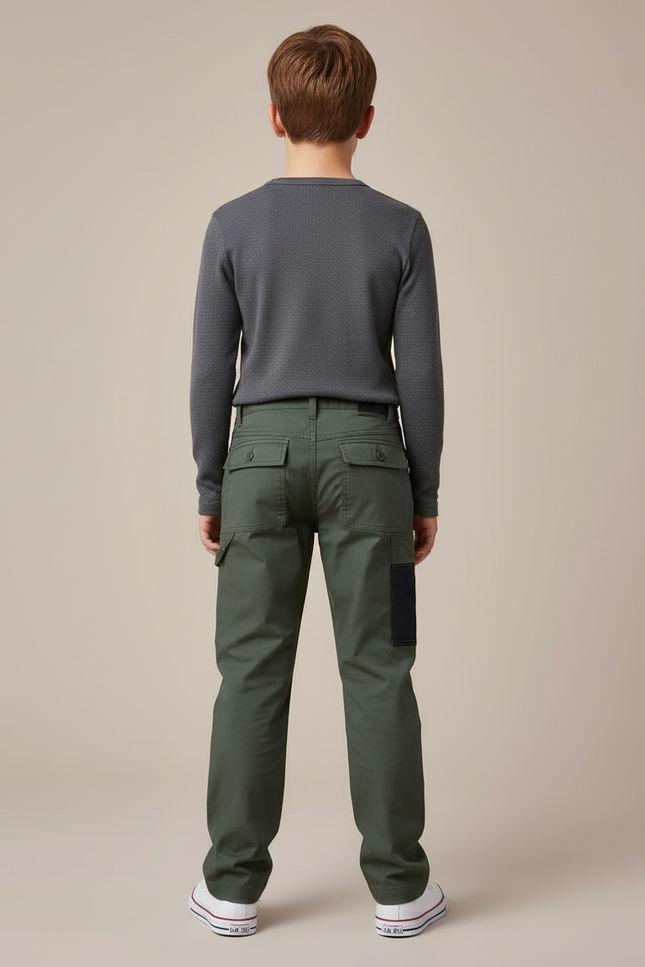 Pantalon Cargo Vert Militaire Garçon Multipoches - Kaki Toile - vue 2