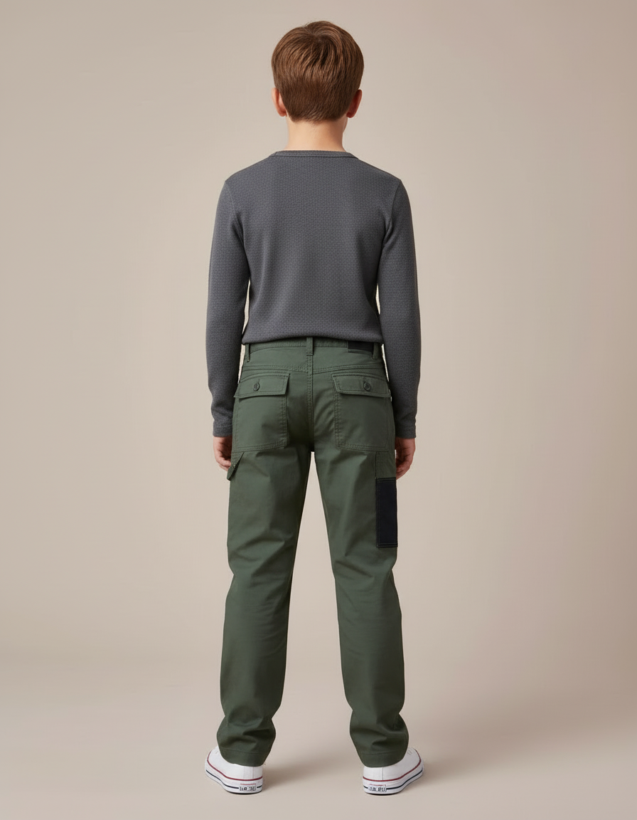 Pantalon Cargo Vert Militaire Garçon Multipoches - Kaki Toile - vue 2