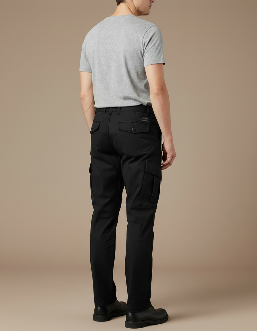 Pantalon Cargo Noir Coton Ample Résistant Multipoches Homme - Toile - vue 2