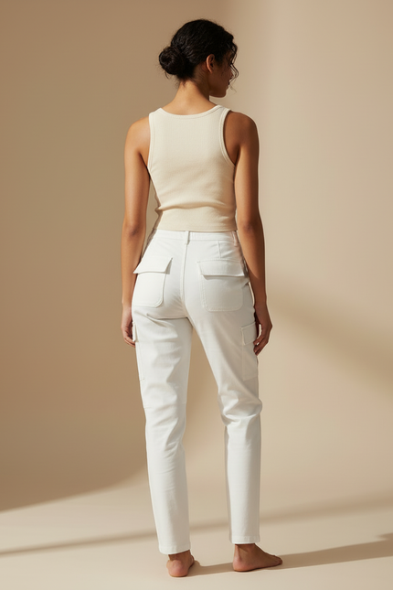 Pantalon Cargo Blanc Coupe Droite Décontracté Femme - Toile - vue 2