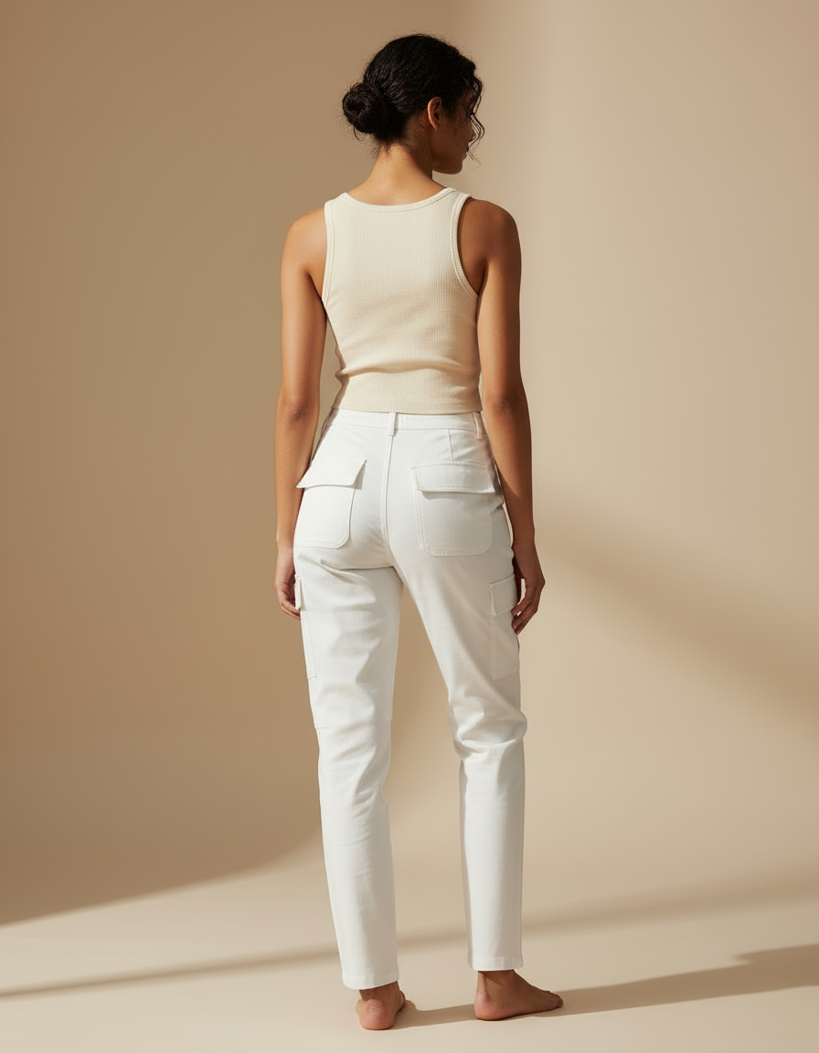 Pantalon Cargo Blanc Coupe Droite Décontracté Femme - Toile - vue 2