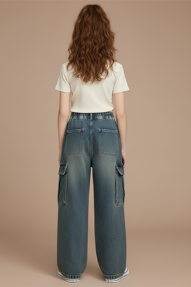 Pantalon Cargo Denim Ample Poches Larges Enfant - Bleu Jean - vue 2