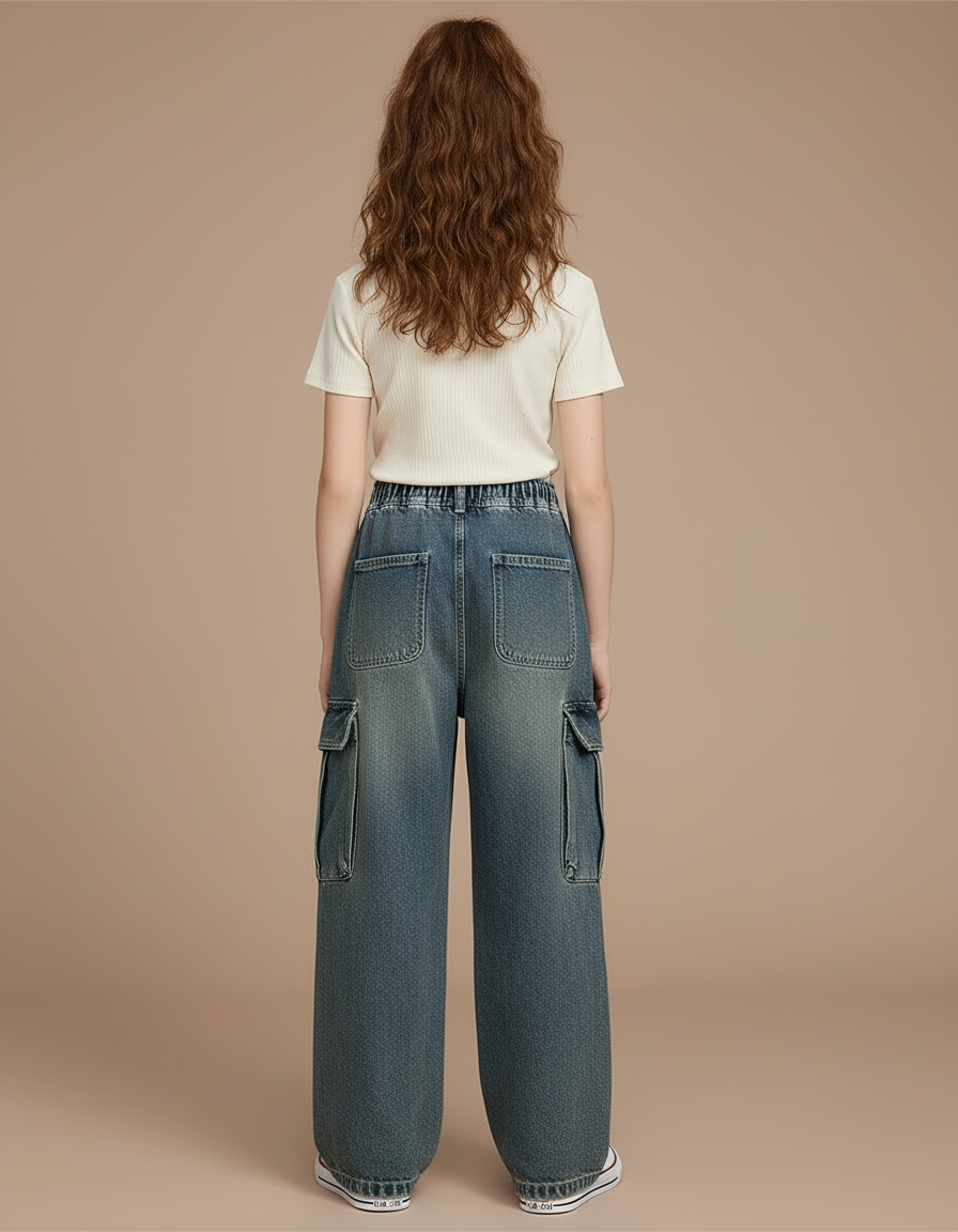 Pantalon Cargo Denim Ample Poches Larges Enfant - Bleu Jean - vue 2