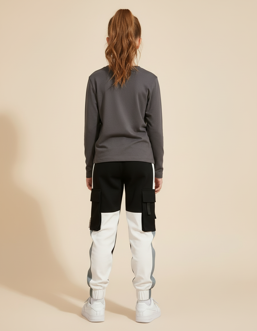 Pantalon Cargo Noir Blanc Multipoches Streetwear Enfant - Multicolore Polyester - vue 2
