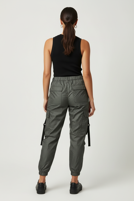 Pantalon Cargo Vert Militaire Fluide Cordon Femme - Kaki Polyester - vue 2
