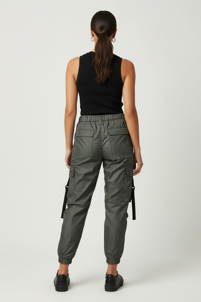 Pantalon Cargo Vert Militaire Fluide Cordon Femme - Kaki Polyester - vue 2