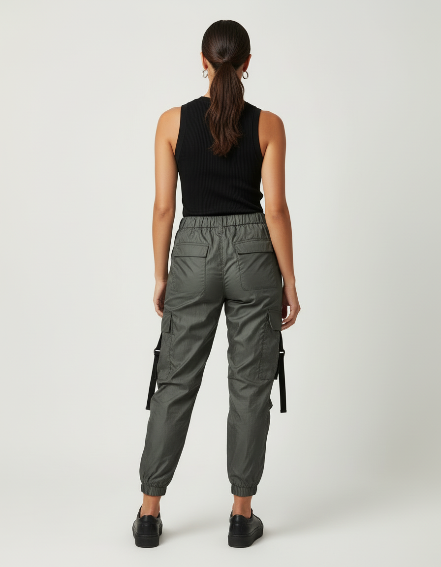 Pantalon Cargo Vert Militaire Fluide Cordon Femme - Kaki Polyester - vue 2