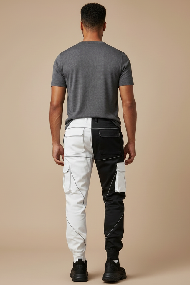 Pantalon Cargo Bicolore Noir Blanc Réfléchissant Jogger - Multicolore Polyester - vue 2