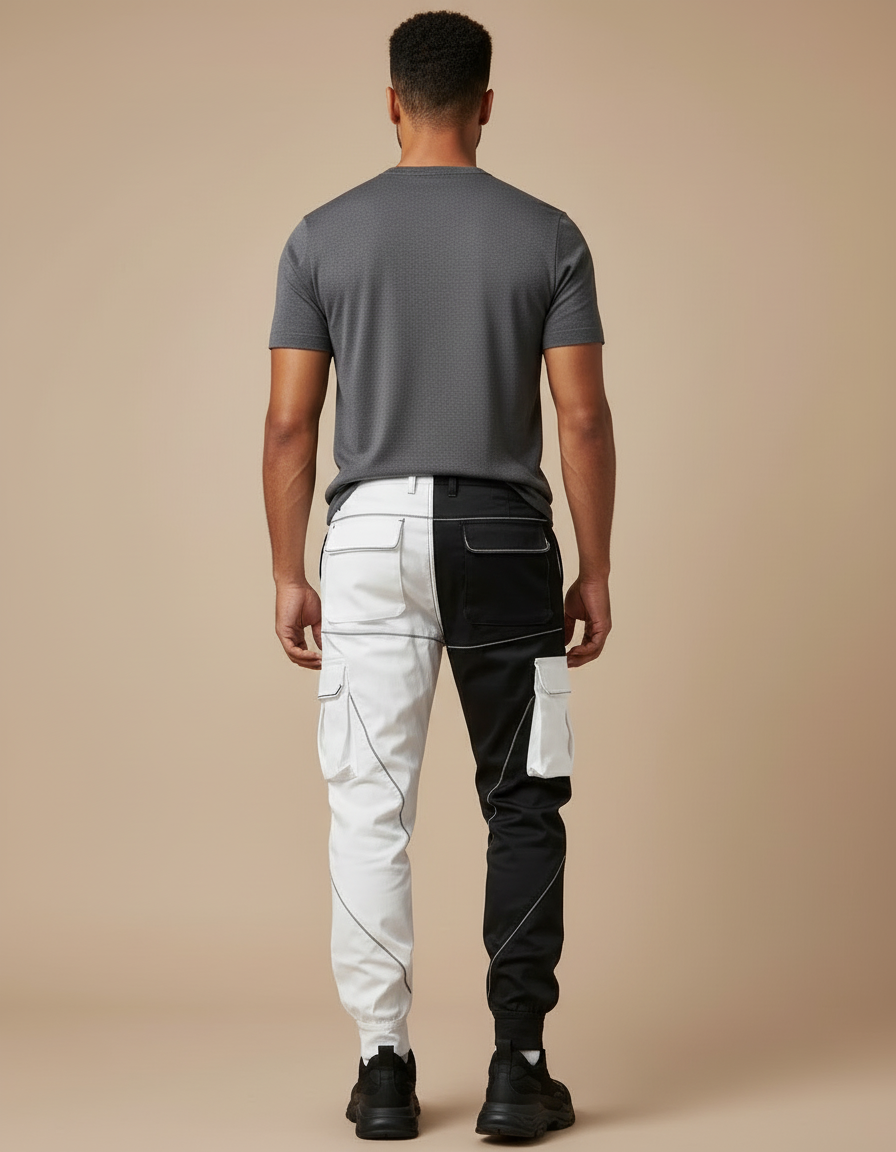 Pantalon Cargo Bicolore Noir Blanc Réfléchissant Jogger - Multicolore Polyester - vue 2