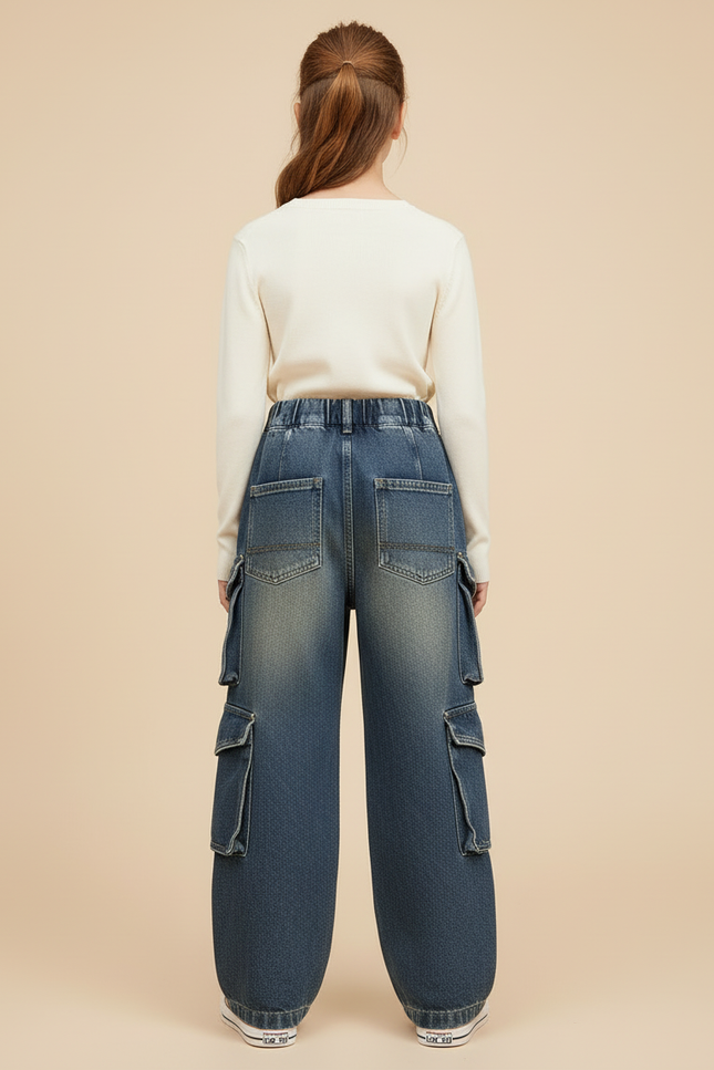 Pantalon Cargo Jean Ample Multipoches Délavé Fille - Bleu - vue 2