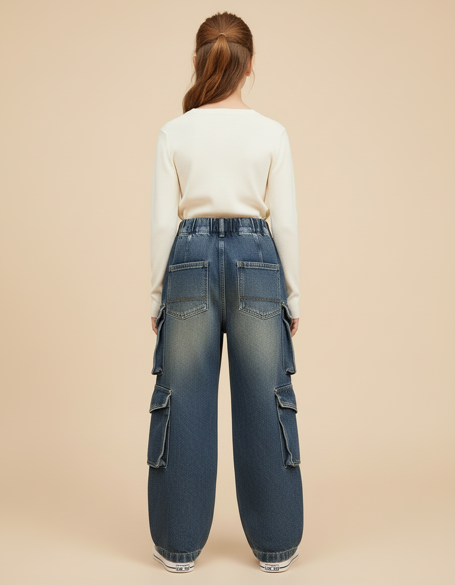 Pantalon Cargo Jean Ample Multipoches Délavé Fille - Bleu - vue 2