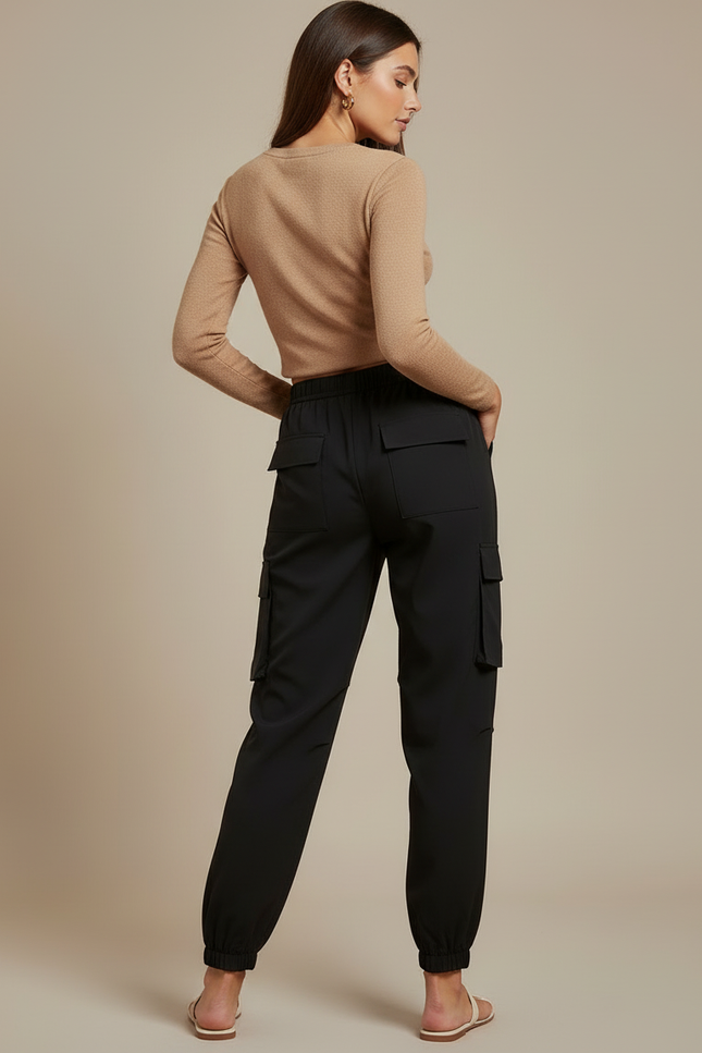 Pantalon Cargo Noir Décontracté Multipoches Élastiqué Femme - Polyester - vue 2