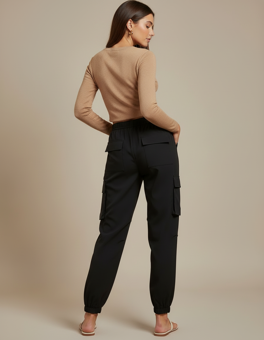Pantalon Cargo Noir Décontracté Multipoches Élastiqué Femme - Polyester - vue 2