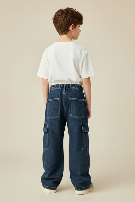 Pantalon Cargo Denim Ample Garçon Multipoches - Marine Jean - vue 2