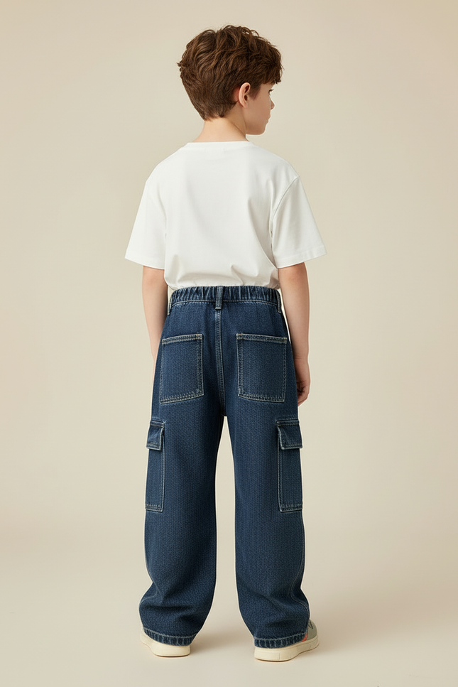 Pantalon Cargo Denim Ample Garçon Multipoches - Marine Jean - vue 2
