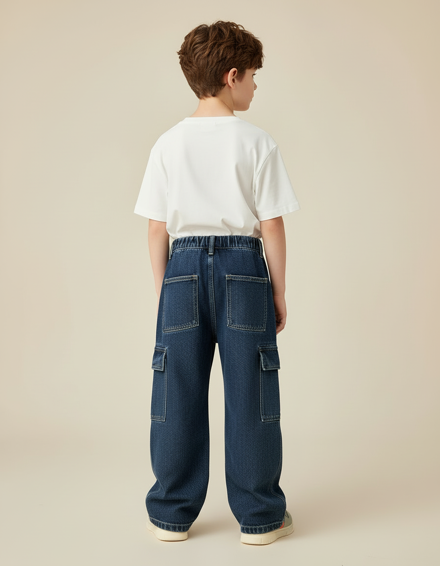 Pantalon Cargo Denim Ample Garçon Multipoches - Marine Jean - vue 2