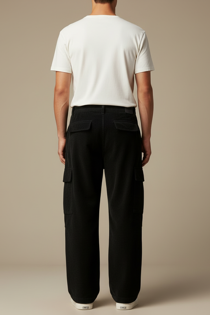Pantalon Cargo Noir Velours Côtelé Ample Homme - Cordé - vue 2