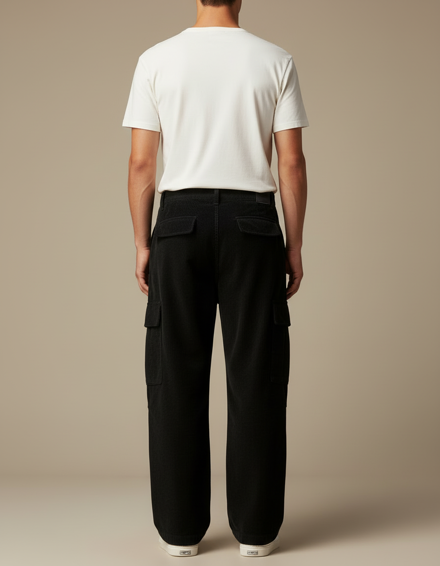 Pantalon Cargo Noir Velours Côtelé Ample Homme - Cordé - vue 2