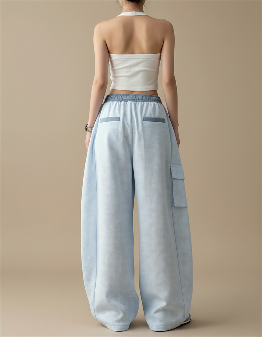 Pantalon Cargo Bleu Ciel Ample Streetwear Multipoches Femme - Toile - vue 2