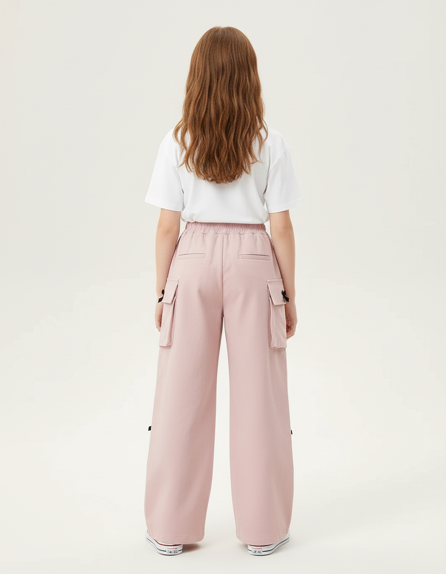 Pantalon Cargo Rose Ample Poches Nœuds Fille - Toile - vue 2