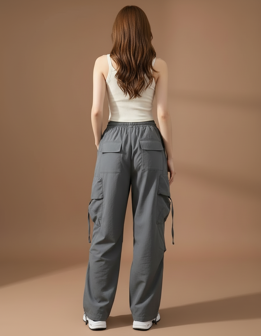 Pantalon Cargo Gris Ample Fluide Casual Femme - Polyester - vue 2