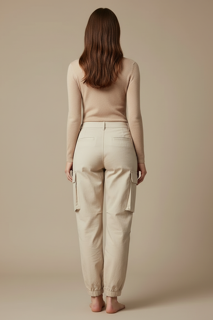 Pantalon Cargo Beige Coton Jogger Femme Décontracté - vue 2