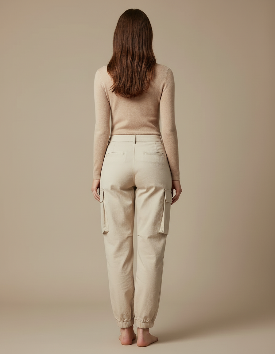 Pantalon Cargo Beige Coton Jogger Femme Décontracté - vue 2